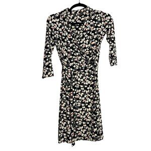 Talbots Floral Wrap A-Line Dress VN784 black white orange